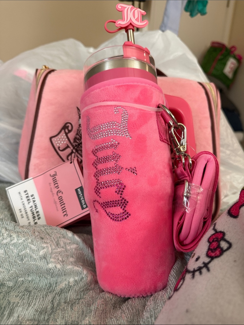 Juicy Couture Hot Pink Plush Tumbler Sleeve with Rhinestone Logo & Strap